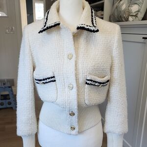 Maje White Tweed Bomber Jacket with Black Trim